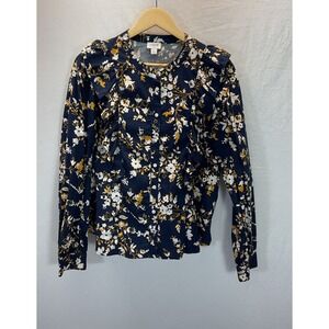 J. Crew Floral Navy Blue Long Sleeve Button-Up Blouse Ruffle Detail Sz L Poplin